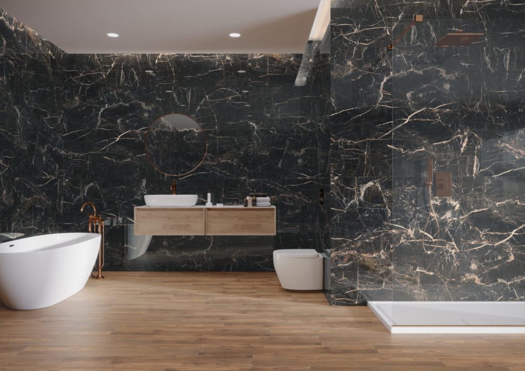 minimalistic black and wooden bathroom