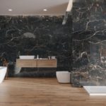 minimalistic black and wooden bathroom