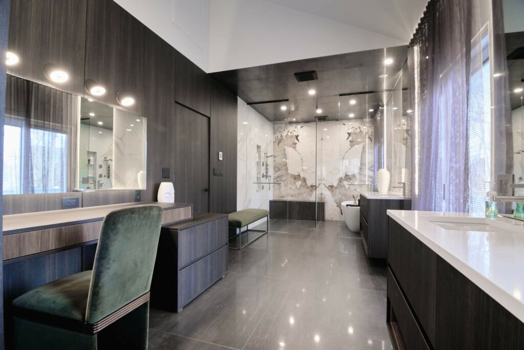 black bathroom with polished floor